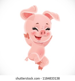 Happy little cute cartoon baby pig isolated on a white background