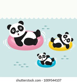 Happy little cute panda in swimming . Cartoon style