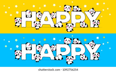 Happy little cute panda. Vector set of illustration of lovely cartoon many panda with a big white word on color background with star. Flat line art style hand drawn design for poster, greeting card
