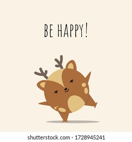 Happy Little Deer Postcard, Deer Vektor-Illustration für Kinder im modernen, flachen Stil