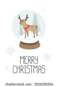 Happy little deer in snow globe poster. Merry christmas. Print for card, postcard, banner, fabric, textile, apparel, paper.
