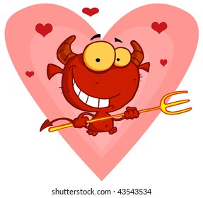 Happy little devil with pitchfork with little hearts