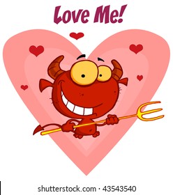Happy little devil with pitchfork with Love me sign