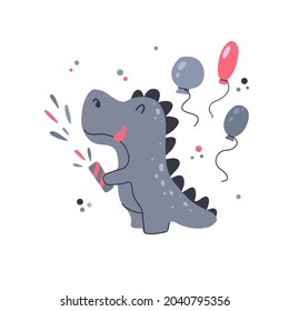 Happy little dinosaur blowing up clapperboard with balloons for birthday. Festive party. Vector childrens card with cartoon joyful dino on white background. Trendy flat hand drawn postcard