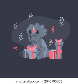 Happy little dinosaur opening birthday gifts on dark gray background. Festive party. Vector child card with cartoon baby triceratops, gift boxes and confetti. Trendy flat hand drawn postcard
