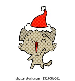 happy little dog hand drawn comic book style illustration of a wearing santa hat