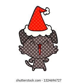 happy little dog hand drawn comic book style illustration of a wearing santa hat