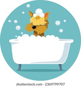 
Happy Little Dog Taking a Bath Vector Cartoon illustration
Cheerful pet animal being cleaned at home in a bathtub 
