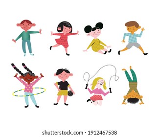 happy little eight kids practicing activities avatars characters vector illustration design