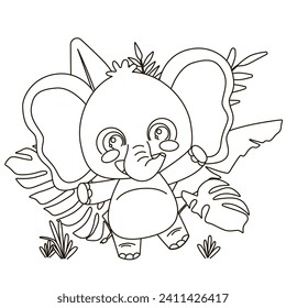 Happy little elephant - picture coloring book for kids. Drawing of a baby elephant for children's coloring. Baby. Costs. Palm leaves. Vector illustration of drawings, prints and patterns.