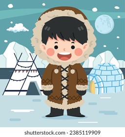 Happy little eskimo boy cartoon on background