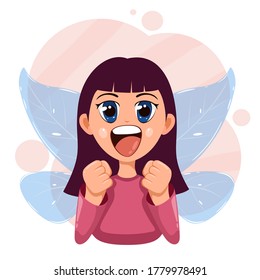 Happy Little Fairy. Cute Girl With Wings And Big Eyes. Smiling Child. A Girl With Magic Blue Transparent Wings Dreams And Rejoices. Illustration In A Flat Cartoon Style.