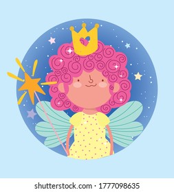 happy little fairy princess tale cartoon magic wand and crown vector illustration