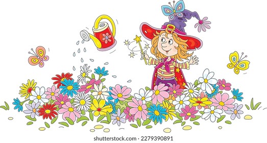 Happy little fairy waving her magic wand and watering colorful flowers with a watering-can on a pretty flowerbed in a summer garden, vector cartoon illustration isolated on a white background