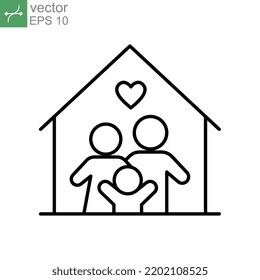 Feliz pequeña familia por cuidado y amor dentro de la casa de quedarse en casa en un símbolo de cuarentena. Entre los miembros de la gente se incluyen Mamá, papá con un niño Ilustración de vectores de línea Diseño en fondo blanco EPS10