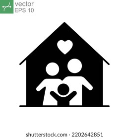 Happy Little Family For Care And Love Inside The House Of Stay At Home In Quarantine Symbol. People Member Include Mom, Dad With One Child. Solid Vector Illustration Design On White Background. EPS10