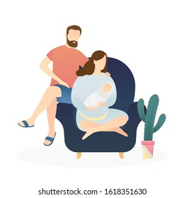 happy little family sitting and holding their baby in arms. healthy baby, happy family, maternity leave, and happy motherhood. flat vector illustration