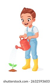 Happy little farm boy in overalls watering a plant. Cartoon vector illustration isolated on white background.