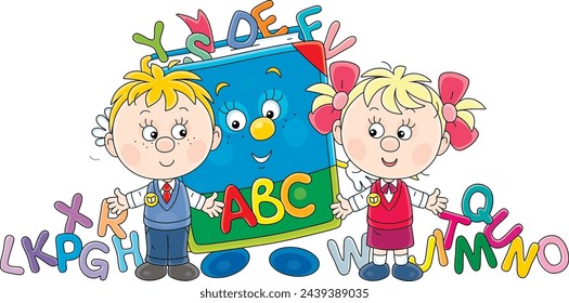 Pequeños felices de primer grado y un divertido personaje de dibujos animados ABC libro con coloridas letras de juguete del alfabeto, ilustración vectorial en blanco