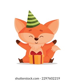 Happy little fox celebrating birthday with birthday hat and yellow gift box with red ribbon.Vector illustration for designs, prints, patterns. Isolated on white background