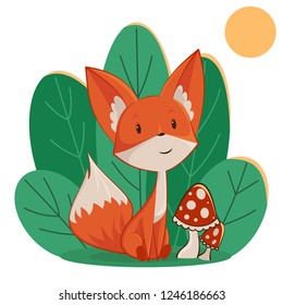 Happy little fox in the green forest searching for mushrooms. Adventures in sunny weather. Forest with mushrooms.