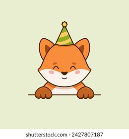 Happy little fox is wearing party hat in cartoon style. Vector flat illustration