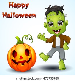 happy little Frankenstein and pumpkin cartoon