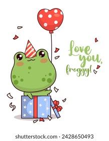 Happy little frog in birthday cap with balloon in gift box. Cute animal kawaii character. Vector illustration. Cool card with funny slogan. Kids collection