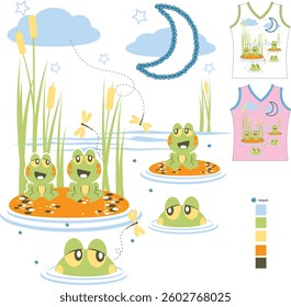 Happy little frogs on the lake shore, others swimming with clouds and plants and sequin application.