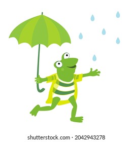 Happy little funny frog holding at umbrella and jumping in the rain. Flat vector illustration isolated on white background.