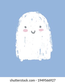 Happy Little Ghost. Sweet Halloween Party Vector Illustration ideal for Card, Wall Art, Poster, Invitation.White Ghost Isolated on a Light Blue Background.  Printable Nuresery Art for Halloween Party.