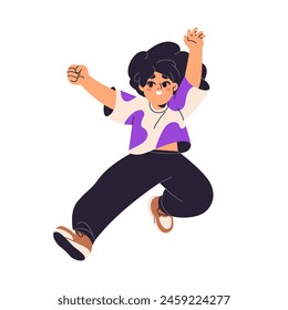 Happy little girl is in the air with hands up. Excited kid jumps for joy, rejoices to win. Cute child has fun, celebrate success. Funny schoolgirl smiles. Flat isolated vector illustration on white