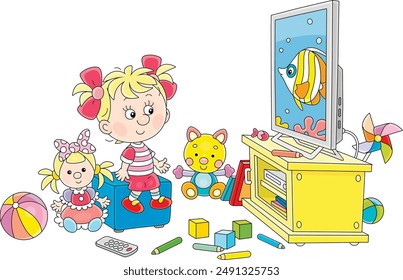 Happy little girl among her scattered toys watching TV with an animated cartoon film about a funny butterfly fish swimming on a  tropical coral reef, vector illustration on white