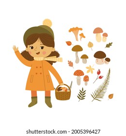 A happy little girl in autumn clothes with a basket of mushrooms and a set of forest attributes: mushrooms and leaves. Cartoon autumn character. Isolated on a white background.