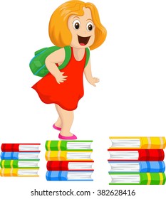 happy little girl with a backpack walking on a pile of books