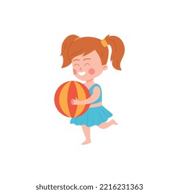 Happy little girl with ball flat style, vector illustration isolated on white background. Childhood, beach holiday, smiling running kid. Decorative design element