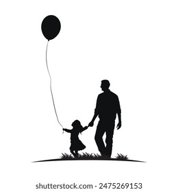 happy little girl with a balloon holding her father's hand. father's day. vector illustration. silhouette of a man with a dauther