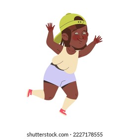 Happy Little Girl in Baseball Cap Jumping Sharing Positive Vibes Vector Illustration