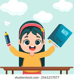 happy little girl with book and pencil in classroom, vector illustration design