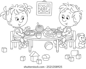 Happy little girl and boy eating porridge, sweet cookies and drinking tea with milk at breakfast in their nursery among toys, black and white outline vector cartoon illustration for a coloring book