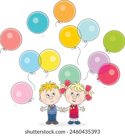 Happy little girl and boy friendly smiling and releasing colorful holiday balloons into the air, vector cartoon illustration isolated on a white background