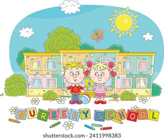 Happy little girl and boy in front of their pretty nursery school on a sunny summer day, vector cartoon illustration isolated on a white background