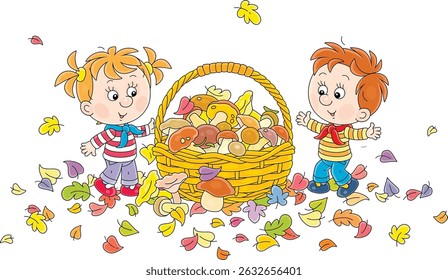 Happy little girl and boy mushroomers and a big wicker basket full of edible mushrooms among colorful leaves on a forest glade, vector cartoon illustration on a white background