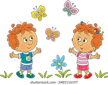 Happy little girl and boy playing with flying colorful butterflies on a warm summer day, vector cartoon illustration isolated on a white background