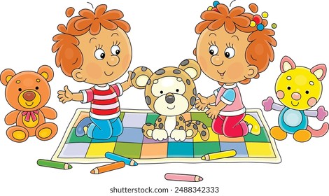 Happy little girl and boy playing with funny soft toys on a colorful checkered carpet in their nursery, vector cartoon illustration isolated on a white background