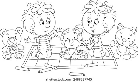 Happy little girl and boy playing with funny soft toys on a checkered carpet in their nursery, black and white outline vector cartoon illustration for a coloring book page