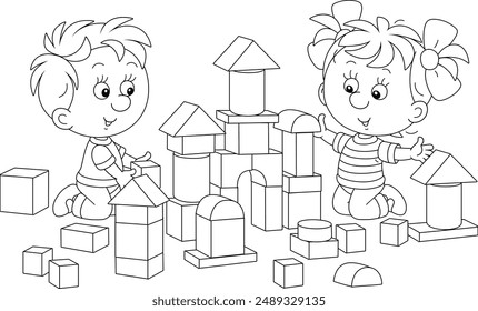 Niña y niño feliz jugando con bloques y construyendo un castillo de juguete en una sala de juegos, ilustración de dibujos animados de Vector de contorno blanco y negro para una página de libro para colorear