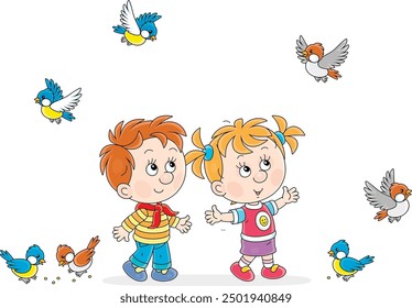 Niña feliz y niño jugando con una Pequeña bandada de gorriones felices y titmice en un parque, ilustración de dibujos animados de Vector aislado en un fondo blanco