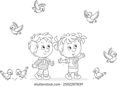 Happy little girl and boy playing with a small flock of merry sparrows and titmice in a park, black and white outline vector cartoon illustration for a coloring book page