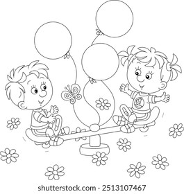 Happy little girl and boy playing and swinging on a toy seesaw with balloons on a playground in a summer park, black and white vector illustration in a cartoon style for a coloring book